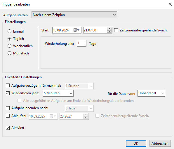 Trigger-Einstellungsfenster - Zeitplan
