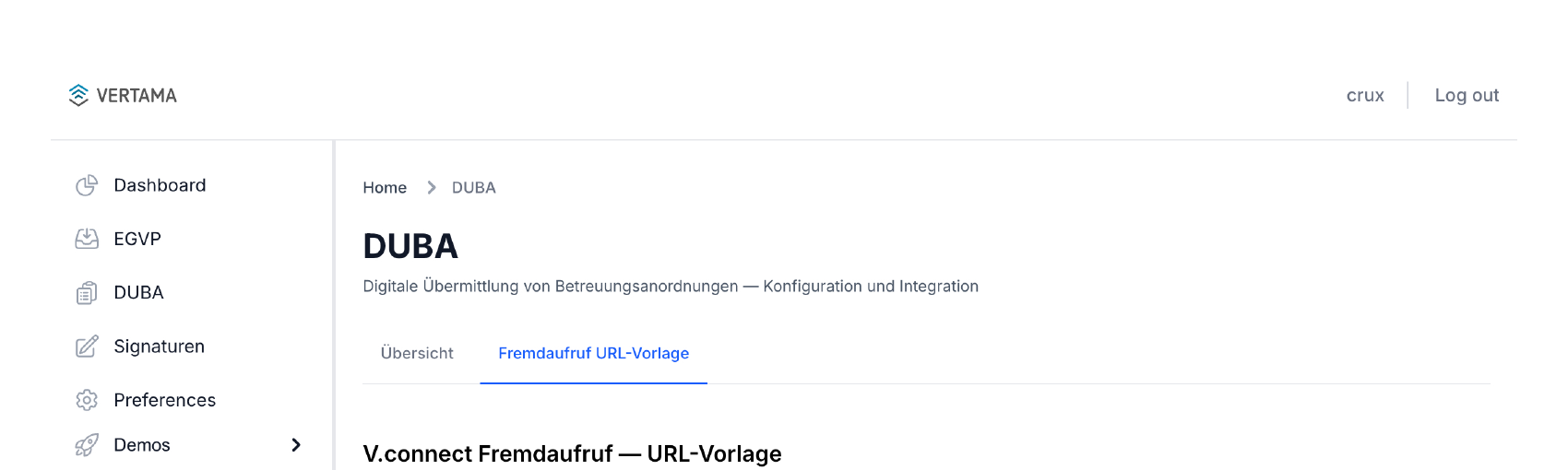 DUBA-Modulseite mit aktivem Fremdaufruf-Reiter