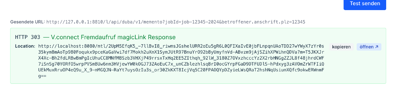 Erfolgreicher Test-Aufruf mit HTTP 303 und magicLink