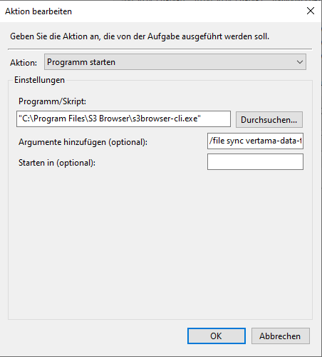 Aktionen-Fenster mit ausgefüllten Feldern