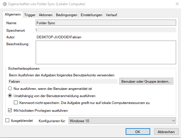 Allgemeine Einstellungen im Aufgabenplaner