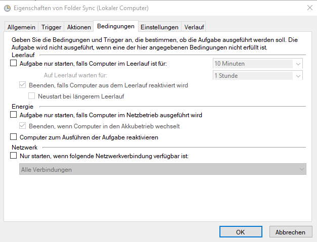 Bedingungen-Fenster mit deaktivierten Energie-Optionen