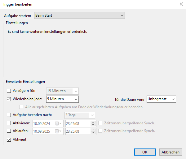 Trigger-Einstellungsfenster - Start